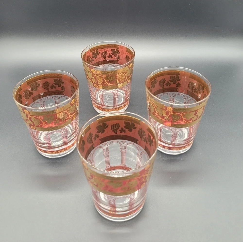 1957 - 1962 Golden Grapes Burgundy Old Fashioned Glasses by CERA GLASS Set of 4‍